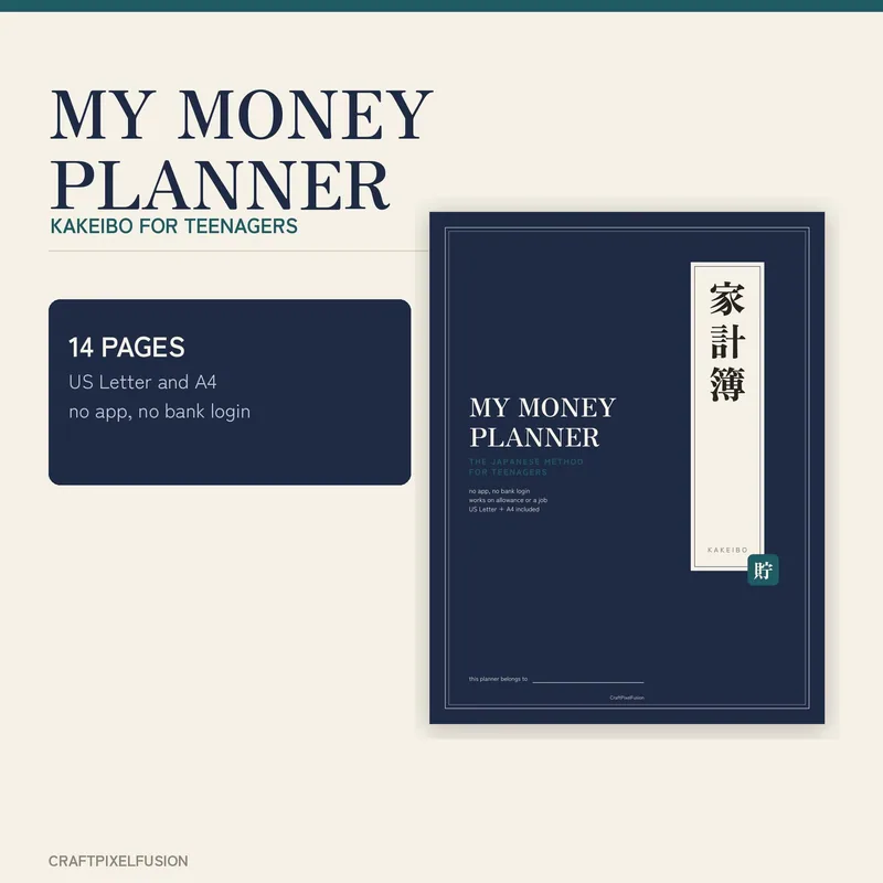 Teen Budget Planner Printable, Kakeibo Japanese Money Saving Method for Teenagers, First Money and Savings Goal Tracker PDF shown as a preview of the planner