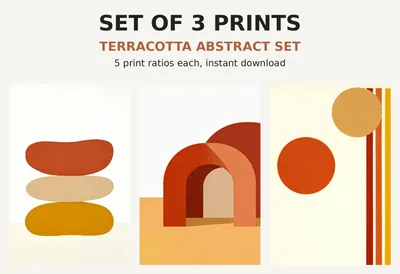 Terracotta Abstract Print Set of 3, Printable Wall Art, Mid Century Organic Shapes Arches, Neutral Boho Living Room Decor shown as a preview of the print set