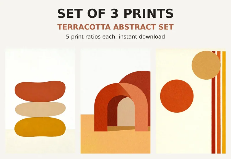 Terracotta Abstract Print Set of 3, Printable Wall Art, Mid Century Organic Shapes Arches, Neutral Boho Living Room Decor shown as a preview of the print set