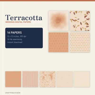 Terracotta Wedding Digital Paper Pack, 14 Seamless 12x12 Scrapbook Papers, Printable Autumn Wedding Backgrounds, 300 dpi JPG shown as a preview of the paper pack