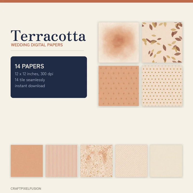 Terracotta Wedding Digital Paper Pack, 14 Seamless 12x12 Scrapbook Papers, Printable Autumn Wedding Backgrounds, 300 dpi JPG shown as a preview of the paper pack