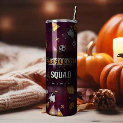 Trick or Treat Squad Tumbler Wrap PNG, 20oz Skinny Sublimation Design, Halloween Straight & Tapered, Instant Download shown flat as a tumbler wrap