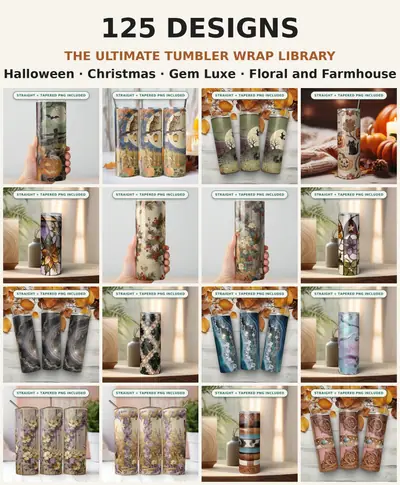 Ultimate Tumbler Wrap PNG Bundle, 125 Seamless 20oz Skinny Sublimation Designs, Halloween Christmas Floral Gem Mega Library Download shown flat as a tumbler wrap