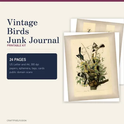 Vintage Bird Junk Journal Kit Printable, 24 Antique Ornithology Ephemera Pages, Bird Plate Papers, Tags, Cards, PDF and JPG shown as a preview of the paper pack
