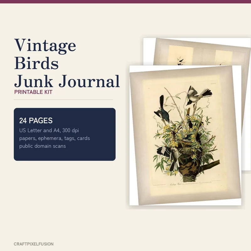 Vintage Bird Junk Journal Kit Printable, 24 Antique Ornithology Ephemera Pages, Bird Plate Papers, Tags, Cards, PDF and JPG shown as a preview of the paper pack
