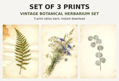 Vintage Botanical Print Set of 3, Printable Wall Art, Herbarium Fern Wildflower Plates, Antique Farmhouse Decor Digital Download shown as a preview of the print set