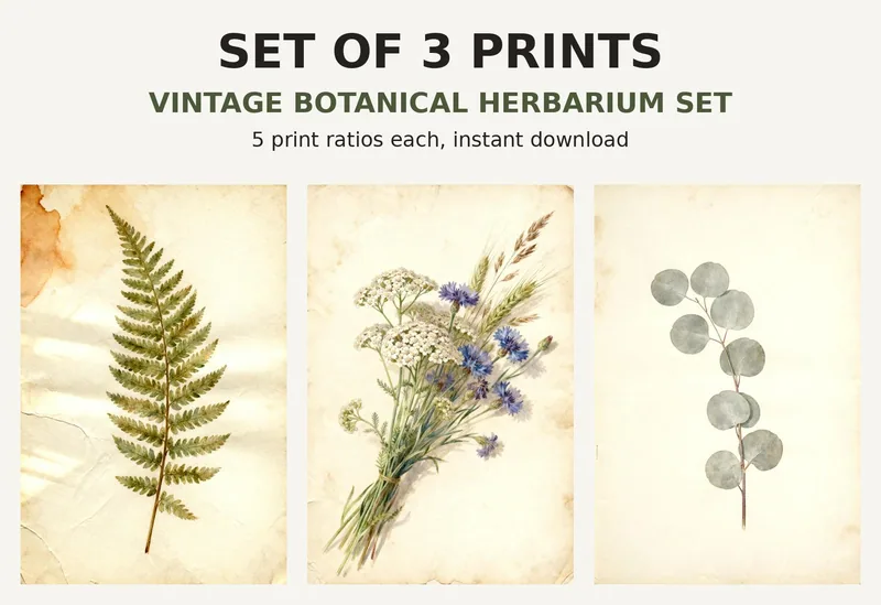 Vintage Botanical Print Set of 3, Printable Wall Art, Herbarium Fern Wildflower Plates, Antique Farmhouse Decor Digital Download shown as a preview of the print set