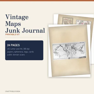 Vintage Map Junk Journal Kit Printable, 24 Antique Cartography Ephemera Pages, Old Atlas Papers, Tags, Cards, PDF and JPG shown as a preview of the paper pack