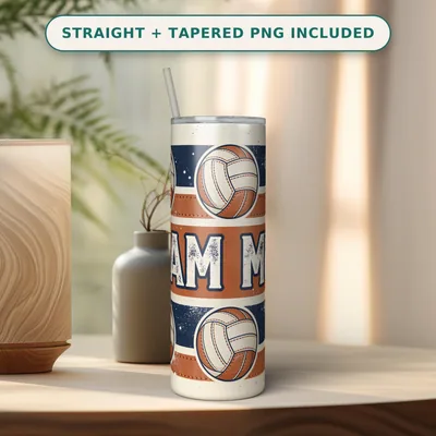Volleyball Mom Tumbler Wrap PNG Seamless, Stitched Volleyballs and Team Mom Stencil on Navy, 20oz Sublimation Download shown flat as a tumbler wrap
