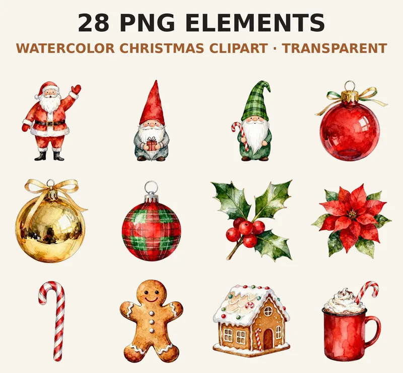 Watercolor Christmas Clipart Bundle, 28 PNG Elements Transparent Background, Santa Gnome Ornaments Holly, Card Making Sublimation shown as a preview of the clipart bundle