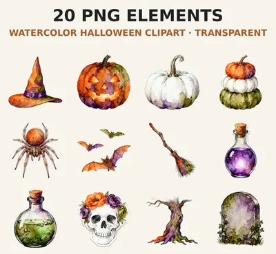 Watercolor Halloween Clipart Bundle, 20 PNG Elements Transparent Background, Witch Pumpkin Ghost Black Cat, Card Making Sublimation shown as a preview of the clipart bundle