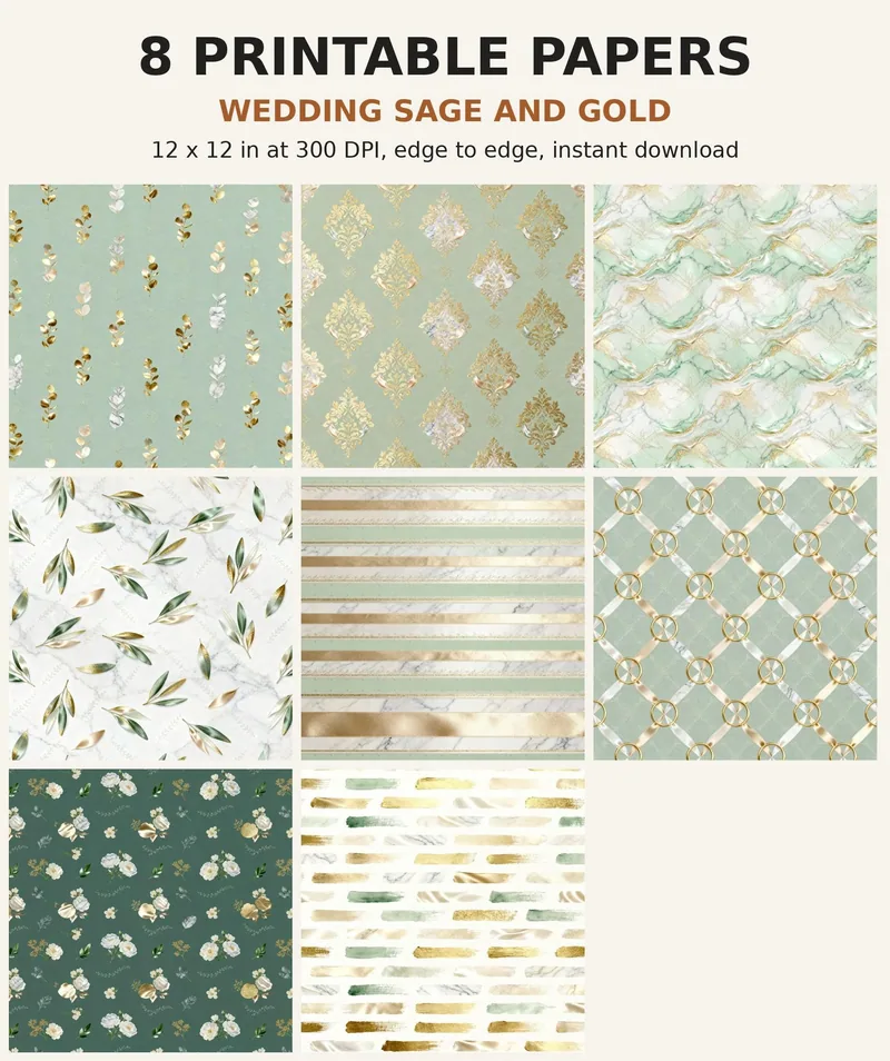 Wedding Digital Paper Pack, 8 Sage Gold Scrapbook Papers, 12x12 Printable Eucalyptus Damask Marble Lace, Bridal Junk Journal JPG shown as a preview of the paper pack