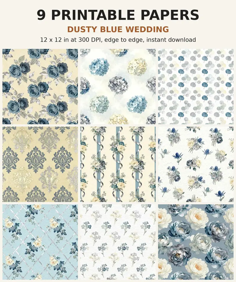 Wedding Digital Paper Pack, 9 Dusty Blue Floral Scrapbook Papers, 12x12 Printable Rose Eucalyptus Damask, Bridal Junk Journal JPG shown as a preview of the paper pack