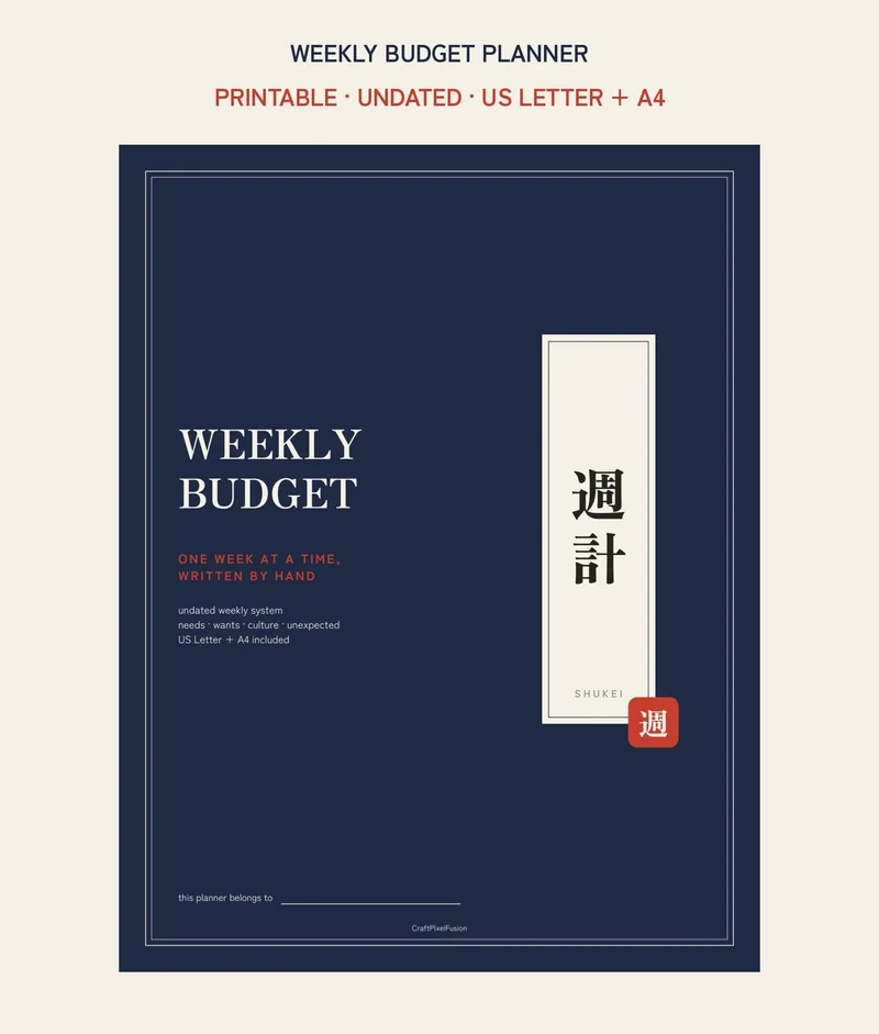 Weekly Budget Planner Printable, Kakeibo Style Spending Log PDF, Needs Wants Culture Unexpected Tracker, US Letter A4 Download shown as a preview of the planner