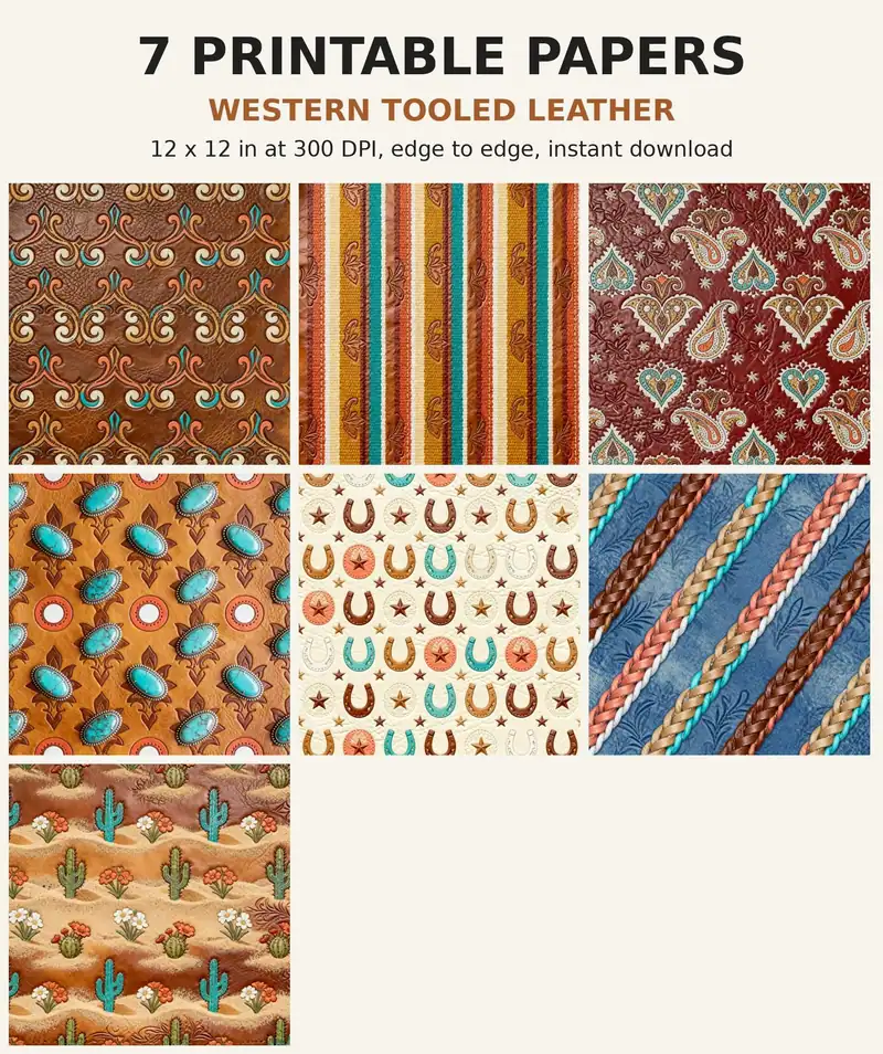 Western Digital Paper Pack, 7 Tooled Leather Scrapbook Papers, 12x12 Printable Cowhide Serape Turquoise Texture, Junk Journal JPG shown as a preview of the paper pack