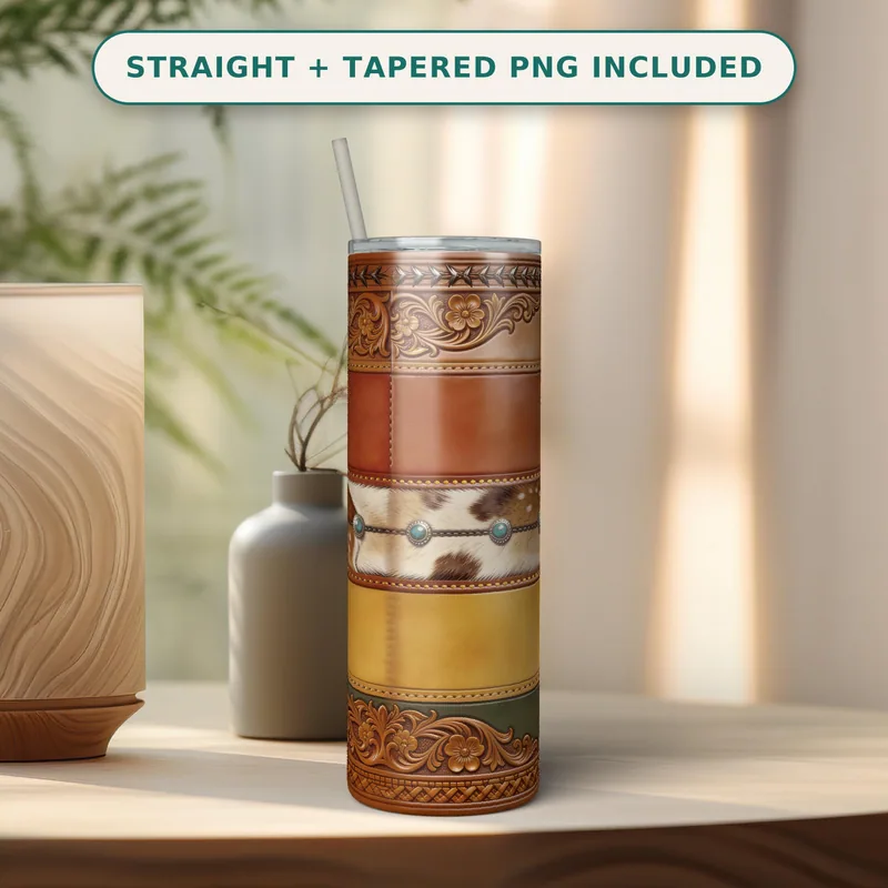 Western Leather Tumbler Wrap PNG, Axis Hide Tooled Leather Design, Turquoise Conchos, Whiskey Serape, Seamless 20oz Straight Download shown flat as a tumbler wrap
