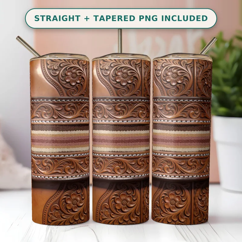Western Leather Tumbler Wrap PNG Seamless, Tooled Floral Bands with Woven Serape Stripe, 20oz Skinny Sublimation Download shown flat as a tumbler wrap
