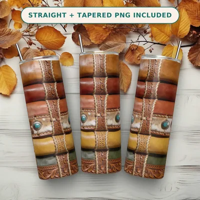 Western Leather Tumbler Wrap PNG Seamless, Whiskey Hide Bands with Turquoise Conchos, 20oz Skinny Sublimation Download shown flat as a tumbler wrap