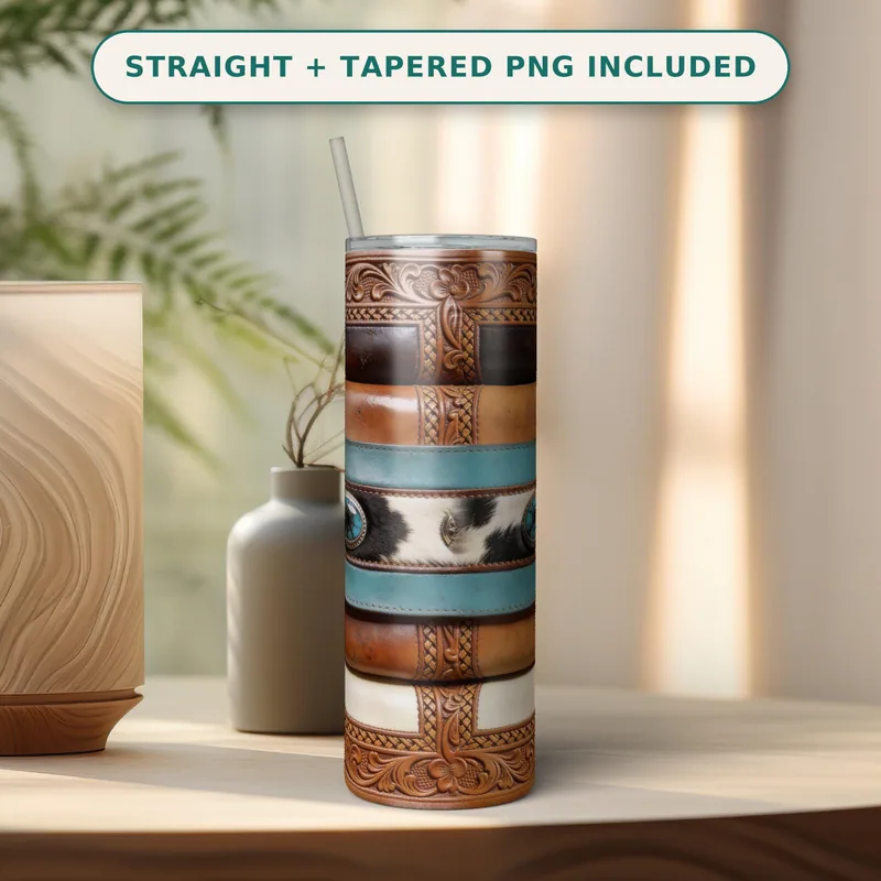 Western Leather Tumbler Wrap PNG, Tooled Cowhide Turquoise Concho Straps, Seamless 20oz Skinny Sublimation Design, Digital Download shown flat as a tumbler wrap