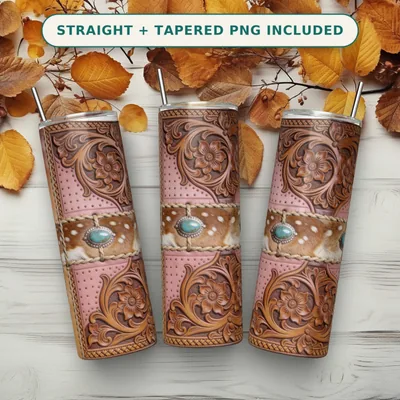Western Leather Tumbler Wrap PNG, Tooled Floral Axis Hide with Turquoise Concho Studs, Seamless 20 oz Skinny Straight Download shown flat as a tumbler wrap