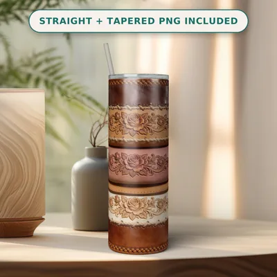 Western Leather Tumbler Wrap PNG, Tooled Rose Carve Seamless Wrap, Chocolate Rose Leather Design for 20 Oz Skinny Tumbler, PNG Download shown flat as a tumbler wrap