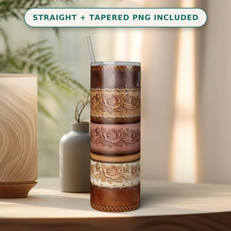 Western Leather Tumbler Wrap PNG, Tooled Rose Carve Seamless Wrap, Chocolate Rose Leather Design for 20 Oz Skinny Tumbler, PNG Download shown flat as a tumbler wrap