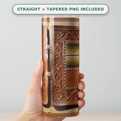 Western Leather Tumbler Wrap PNG, Tooled Serape Inlay, Whiskey Striped Band, Seamless 20 oz Skinny Straight Wrap Sublimation Download shown flat as a tumbler wrap