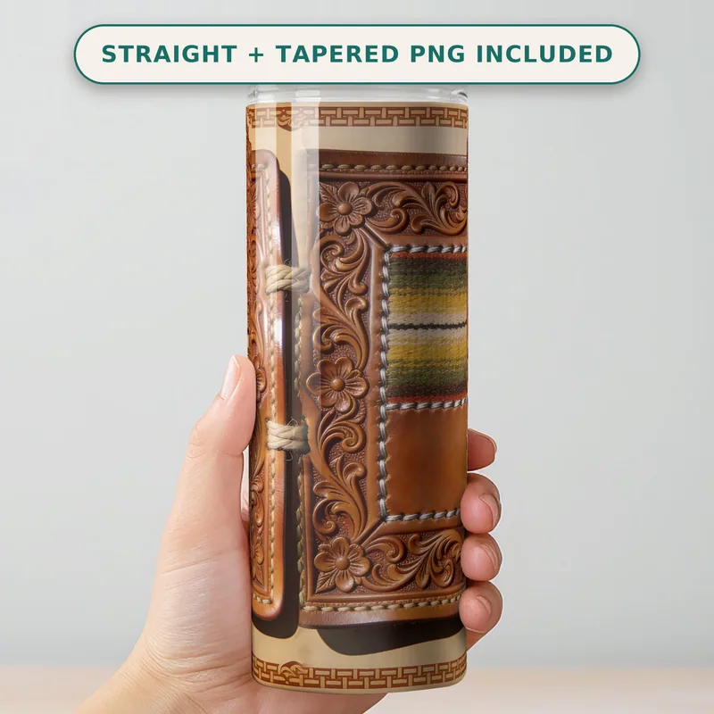 Western Leather Tumbler Wrap PNG, Tooled Serape Inlay, Whiskey Striped Band, Seamless 20 oz Skinny Straight Wrap Sublimation Download shown flat as a tumbler wrap