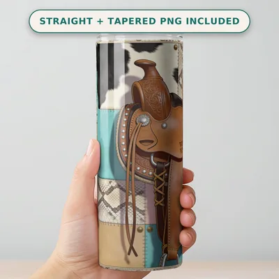 Western Patchwork Tumbler Wrap PNG, Tooled Saddle Snakeskin Cowhide and Turquoise, Seamless 20oz Skinny Sublimation Download shown flat as a tumbler wrap