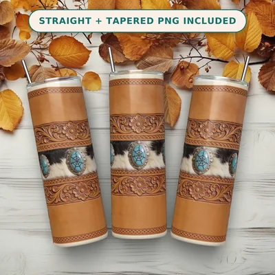 Western Tumbler Wrap PNG Seamless, Tooled Leather Cowhide and Turquoise Conchos, 20oz Skinny Sublimation Download shown flat as a tumbler wrap