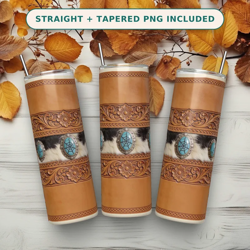 Western Tumbler Wrap PNG Seamless, Tooled Leather Cowhide and Turquoise Conchos, 20oz Skinny Sublimation Download shown flat as a tumbler wrap