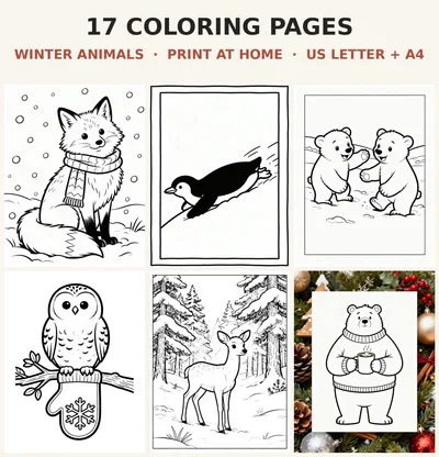 Winter Animals Coloring Book Printable, 17 Pages for Kids, Fox Penguin Polar Bear Owl PDF, Snow Day Activity US Letter A4 Download shown as a preview of the coloring book