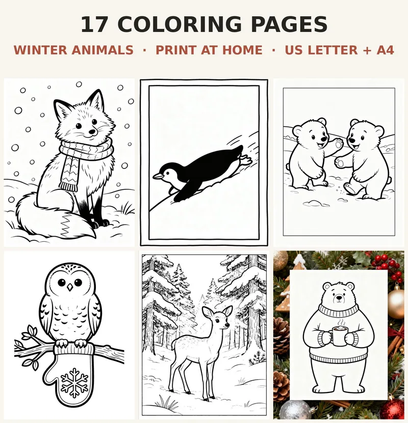 Winter Animals Coloring Book Printable, 17 Pages for Kids, Fox Penguin Polar Bear Owl PDF, Snow Day Activity US Letter A4 Download shown as a preview of the coloring book