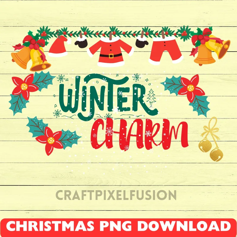 Winter Charm Christmas PNG Clipart: Transparent Background shown flat as a tumbler wrap