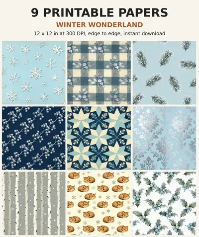 Winter Digital Paper Pack, 10 Snowflake Scrapbook Papers, 12x12 Printable Frost Pine Plaid Wonderland, Christmas Junk Journal JPG shown as a preview of the paper pack