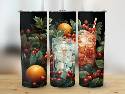 Winter Wonderland Tumbler Sublimation Design: Christmas Berries shown flat as a tumbler wrap