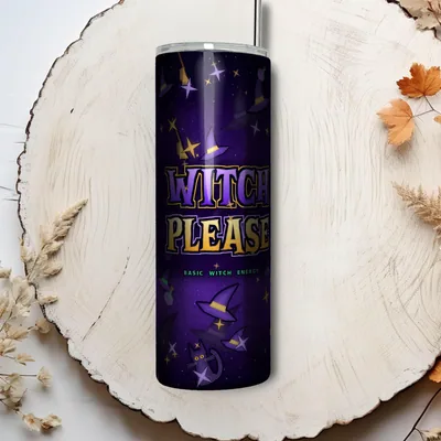 Witch Please Tumbler Wrap PNG, 20oz Skinny Sublimation Design, Halloween Straight & Tapered, Instant Download shown flat as a tumbler wrap