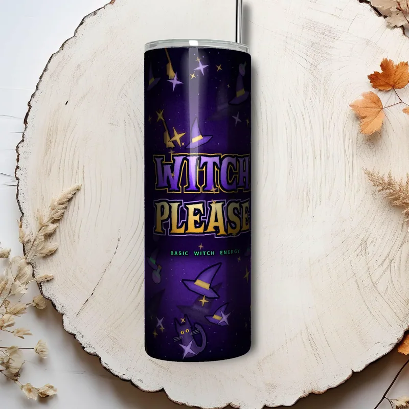 Witch Please Tumbler Wrap PNG, 20oz Skinny Sublimation Design, Halloween Straight & Tapered, Instant Download shown flat as a tumbler wrap