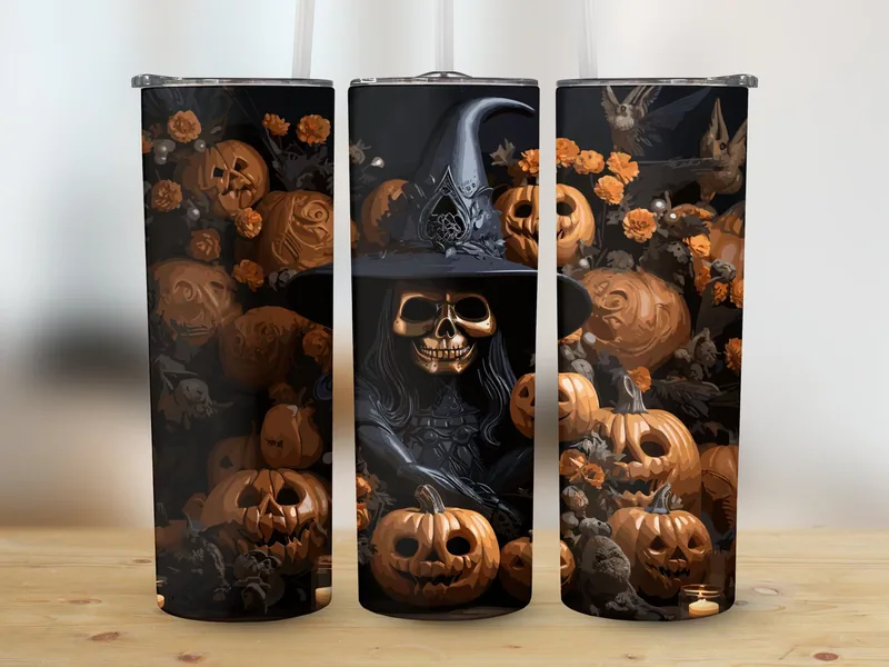 Witch Pumpkin Halloween Tumbler Sublimation Design shown flat as a tumbler wrap