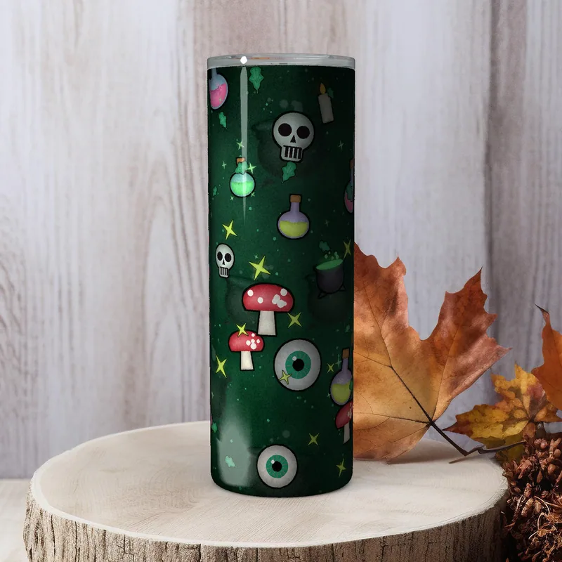Witchy Apothecary Tumbler Wrap PNG, 20oz Skinny Sublimation Design, Halloween Straight & Tapered, Instant Download shown flat as a tumbler wrap