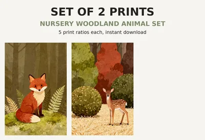 Woodland Nursery Print Set of 2, Printable Wall Art, Baby Fox Deer Bear Forest Animal Illustrations, Kids Room Decor Download shown as a preview of the print set
