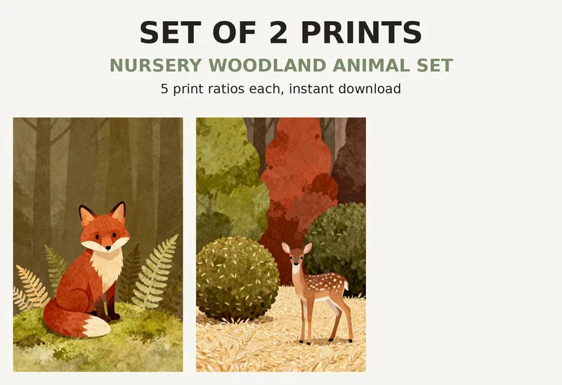 Woodland Nursery Print Set of 2, Printable Wall Art, Baby Fox Deer Bear Forest Animal Illustrations, Kids Room Decor Download shown as a preview of the print set