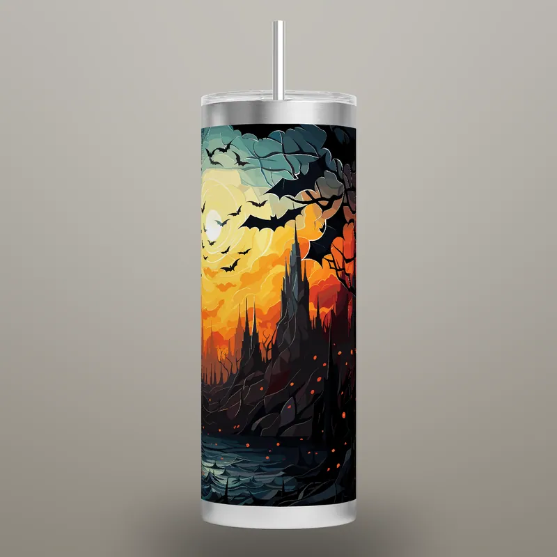 Bats in Moonlight Tumbler Sublimation Design: Halloween 20oz Skinny Wrap (PNG, Instant Download), product render