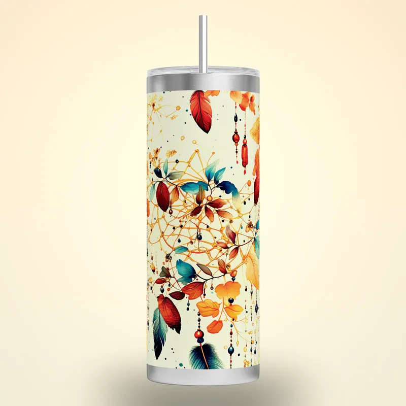 Boho Chic Feather Tumbler Design: 20oz Skinny Sublimation, product render