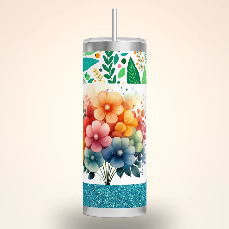 Floral Boho Rainbow Glitter 20oz Tumbler Wrap, product render