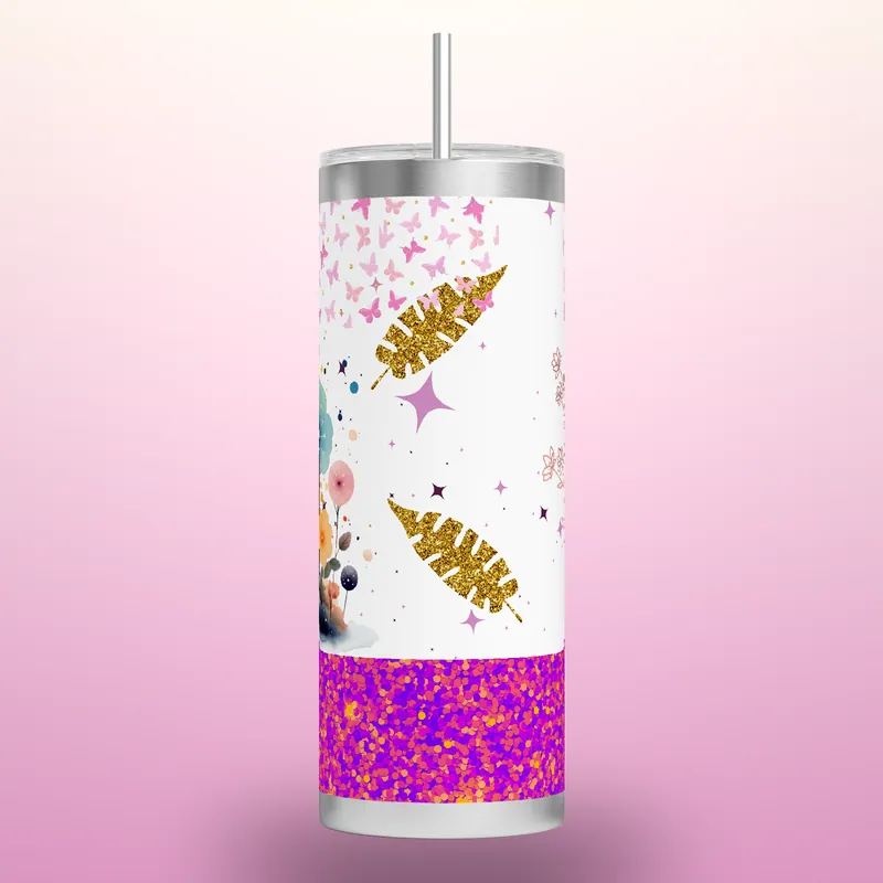 Floral Boho Rainbow Glitter Tumbler Wrap: 20oz Skinny Tumbler, product render