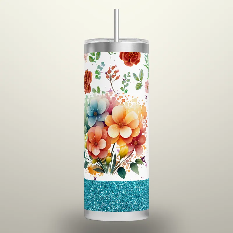 Floral Rose Rainbow Tumbler: Glitter Boho Design, product render