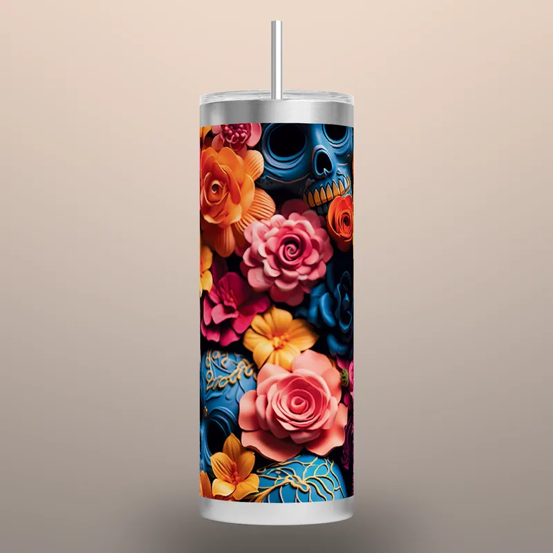 Halloween Sugar Skull Tumbler: Floral Sublimation Design (PNG, Instant Download), product render