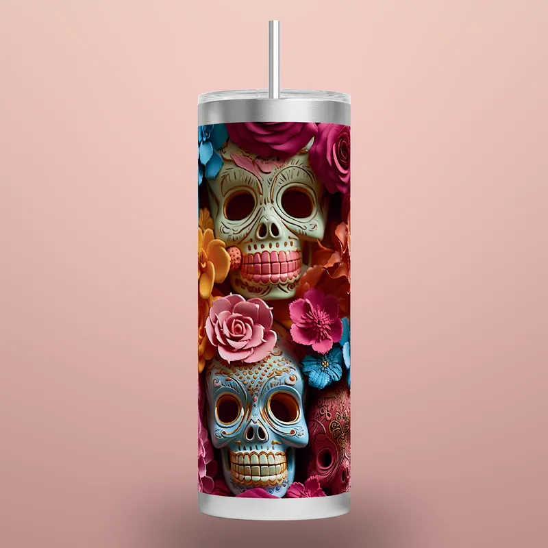 Halloween Sugar Skull Tumbler: Seamless Floral Design, product render