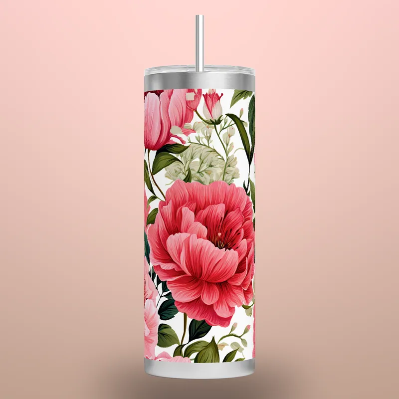 Pink Peony Tumbler Wrap: Seamless Floral Sublimation Design, product render